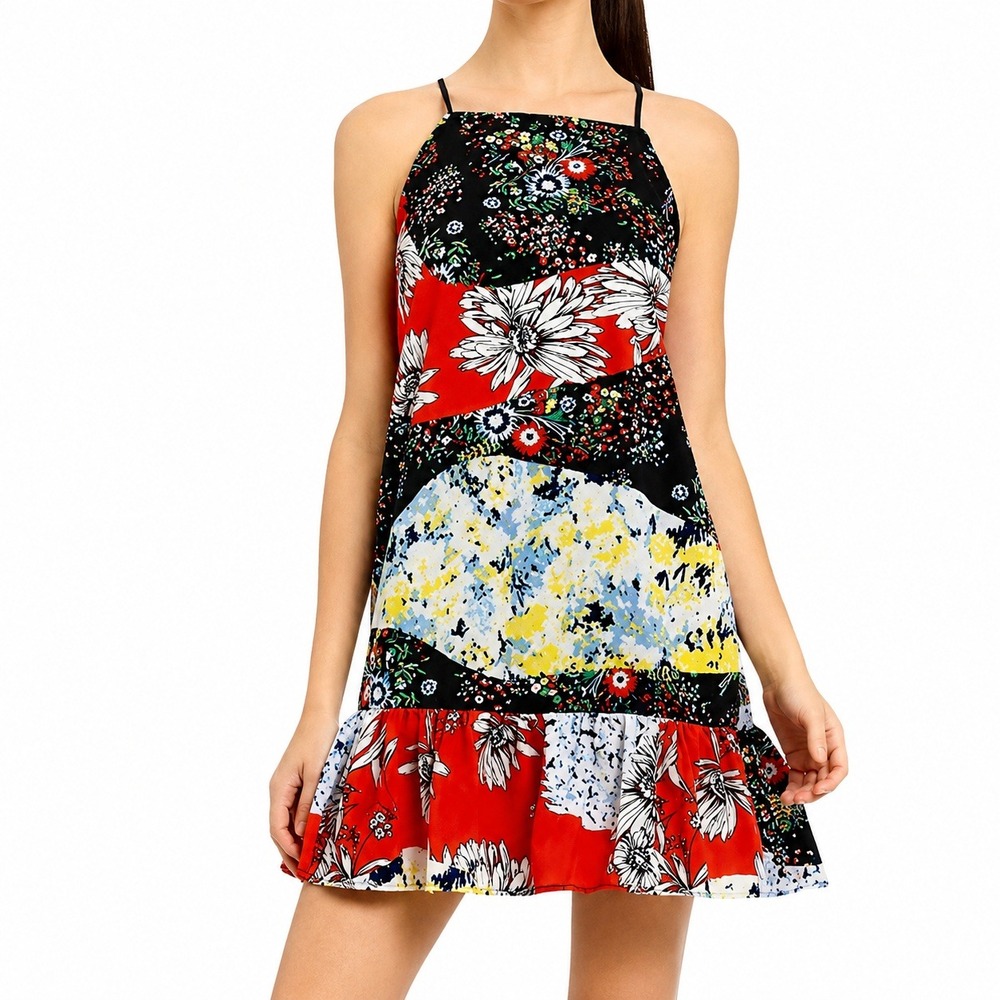 Nicole Miller New York Patchwork Floral Mini Dress 4 Artsy Pom Pom Open Back